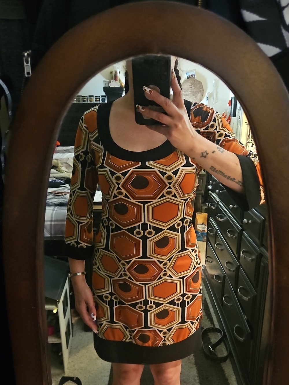 Blu Sage Orange Geometric Scoop-Neck Midi Dress